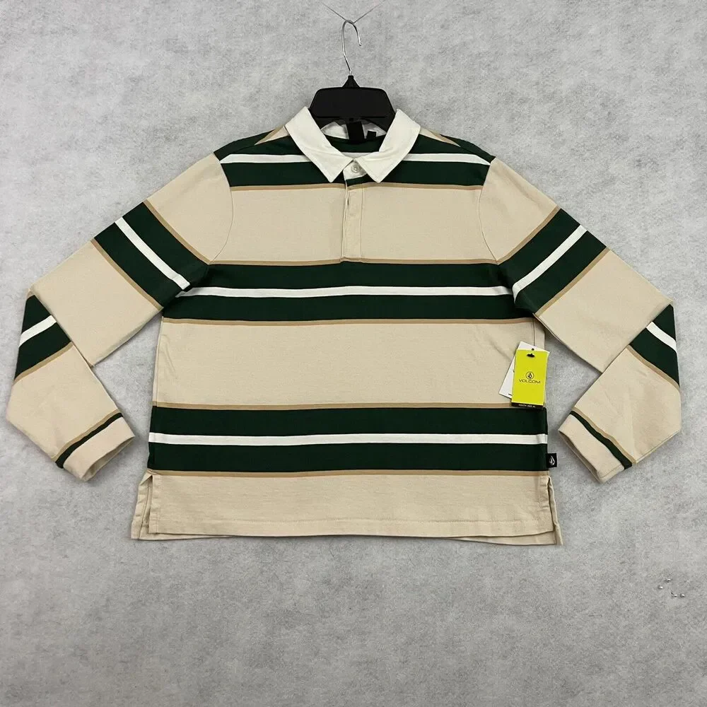 Volcom Polo Shirt Girls Size XL 14-16 Long Sleeve Beige Striped Rugby NEW